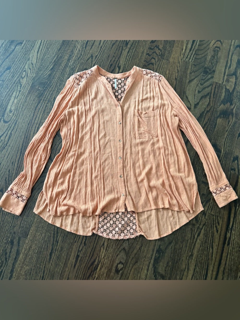 Free People "The Best" Crochet Button Down Blouse Lace Insets 100% cotton Large